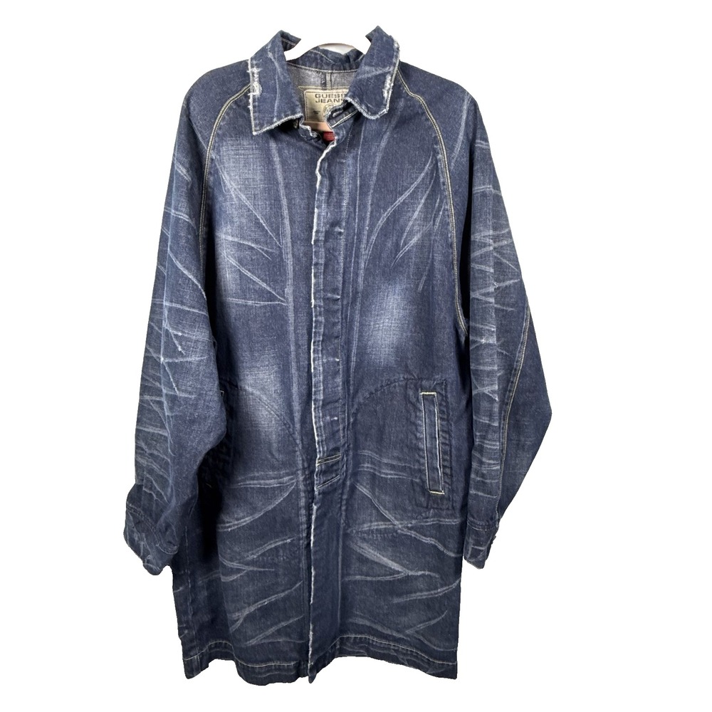 Guess Mens Denim Jacket Trench Coat Long Distressed Grunge Goth Streetwear L